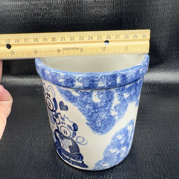 Farmhouse Pig Kitchen Utensil Vase Container Hand Made Signed Blue Gray Pottery - Picture 3 of 12